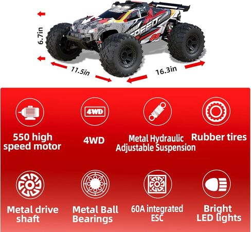 1:10 Large Brush RC Car for Adults, Fast Remote Control Car, 28+ MPH Rc Hobby Truck with Headlights, All Terrain 2.4Ghz Electric Hobby Rc Cars, 4WD Off Road Monster Truck for Adults - Yellow in Saudi Arabia