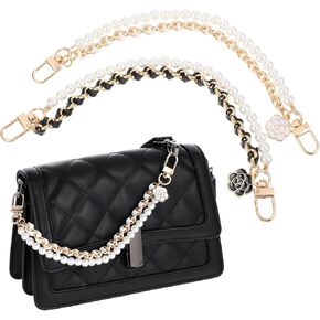 2Pcs Pearl Bag Extender Chain, 10'' Double Gold Pearl Purse Strap Short Bag Chain Charms for Handbags, Metal Purse Chain Extender Replacement for Crossbody DIY Accessories (White, Black)