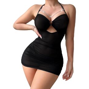 Sexy Chain Heart Cutout Ruched Halter Sheer Mesh Mini Lingerie Dress with Thong 2 Piece