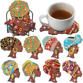 8 Pcs Diamond Painting Coasters African American Woman Diamond Art Coasters with Holder Black Women Shape Painting Kits DIY Drink Mats for Adults Beginners Craft Supplies Gift