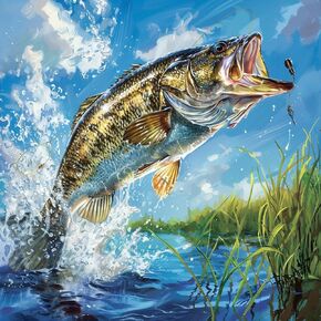 Fish Bass Bite Fishhook Jump 5D Diamond Art Painting by Number Kits for Adults DIY Paint with Full Drill Round Diamond Gems Painting Art Craft for Home Wall Decor 13.8x13.8inch