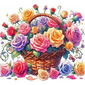 PFFNGPEN Diamond Painting Kits for Adults, 5D DIY Flower Basket Diamond Art Kits for Beginners, Full Drill Round Diamond Art for Home Wall Decor, Rose Flower, 12x12 inch