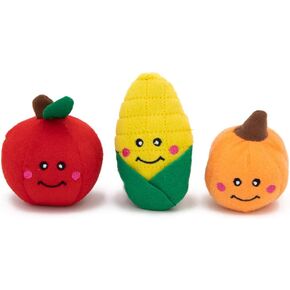 ZippyPaws Miniz 3-Pack Fall Harvest Plush Dog Toys, Cute Squeaky Autumn Dog Toys, Pumpkin, Apple, & Corn Cob