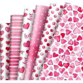 Whaline 12 Sheets Valentine’s Day Wrapping Paper Pink Love Hearts Gift Wrap Paper Bulk Folded Flat Watercolor DIY Craft Art Paper for Party Decor Supplies, 19.7 x 27.6 Inch