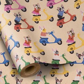 RUSPEPA Dog Wrapping Paper Roll, Mini Roll, Playful Dog on Colorful Scooter Design Kraft Wrapping Paper, Pawsomely Posh Dog Gift Wrap for Kids, Dog Lovers, Birthday and More, 17 Inches X 16.4 Feet