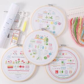 VIVIDOX 4 Sets Embroidery Kit for Beginners Adults, 35 Stitches Practice Kits Cross Stitch for Starter, DIY Hand Craft with Stamped Pattern, Bamboo Hoop, Threads, Needles, Scissors, Tools, Instruction