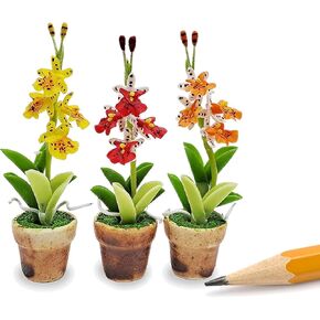 WitnyStore Tiny 2" High 3 Pieces Set Yellow Red Orange Orchid Hand Made Artificial Flowers Realistic Colorful Miniature Modelling Clay Flower Pots Variety of Imitation House Plant Species Decoration