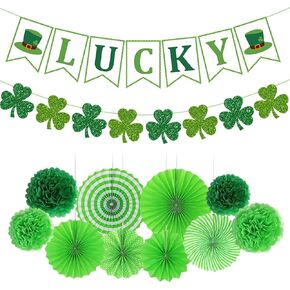St Patricks Day Decorations, St Patty's Saint Decor Accessories for Irish Party Supplies, Including Paper Fan, Glitter Lucky Banner, Shamrock Garlands Clover, Green