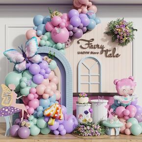 Fairy Wonderland Birthday Party Decorations,138Pcs Fairy Butterfly Mushroom Balloon Arch Garland Kit Dusty Pink Purple Blue Green Balloons for Girls Fairytale Spring Garden Tea Party Bride Baby Shower