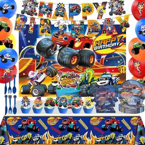 121 Pcs Monster Truck Birthday Party Supplies,Included Banner,Backdrop,Tablecloth,Plates,Balloon,Racing Car Tableware Set for Boy Truck Party Decorations