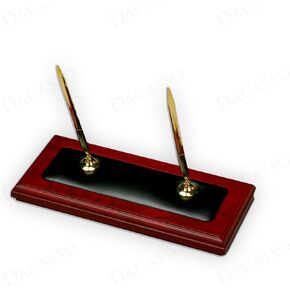 Dacasso Rosewood & Black Leather Double Pen Stand Accessory Set, 9.25 x 4.25 x 9.00 - Luxury Executive Desk Decor and Office Essential