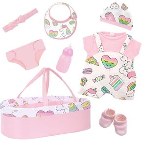 K.T. Fancy 8 Pcs Creamy Pink Baby Doll Bassinet & Accessories fit 14-18 Inch Doll, Baby Doll Clothes Outfit and Bassinet with Unicorn and Rainbow Pattern