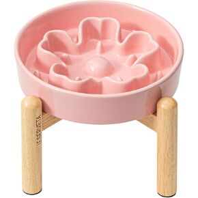 Ceramic Slow Feeder Dog Bowls, Raised, 3 Cups Elevated Slow Feeder with Wooden Stand for Medium Large Breed, Puzzle Dog Food Bowl (Blue)