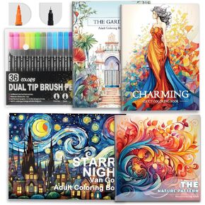Adult Coloring Books for Women Relaxation, 4Pcs Adult Coloring Books with 36 Colors Markers, Dual Tip (Brush and Fine Point) Mindfulness Coloring Books for Women with with 36 Colors Markers Pens