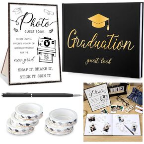 2025 Graduation Guest Book Set with Graduation Photo Guest Book Sign with Stand Graduation Guest Book Graduation Washi Tape Signature Pen for Graduation Party Supplies Favors Gifts
