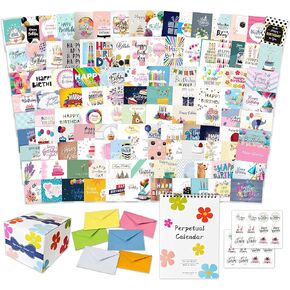120 Unique Birthday Cards Bulk for Business, Office and Individuals, 5X7 Inch prefolded with Multicolor Envelopes, Stickers and Perpetual Birthday Calendar, Greeting Cards with Short Messages Inside