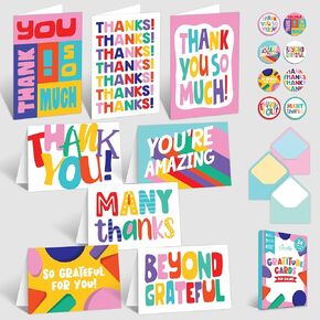 Decorably 24 Pack 6x4in Thank You Cards with Envelopes and Stickers, 8 Colorful Designs Thank You Notes with Envelopes Set, Blank Inside, Birthdays