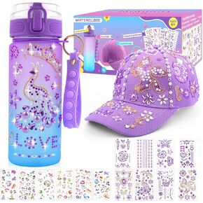 Gifts for Girls 4-12, Decorate Your Own Water Bottle and Baseball Cap Kit for Girls, Easter Birthday Back to School Gifts Toy Age 5 6 7 8 9, DIY Fun Arts and Crafts for Kids 4-6-8-10, 14 PCS Stickers