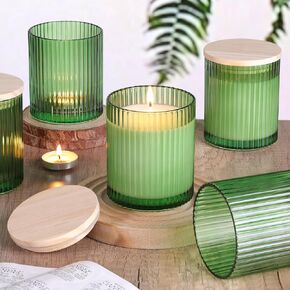 10 OZ Clear Candle Jars for Making Candles Set of 8, Ribbed Glass Candle Jars with Wood Lids and Labels, Candle Containers for DIY, Gifts, Home Decoration