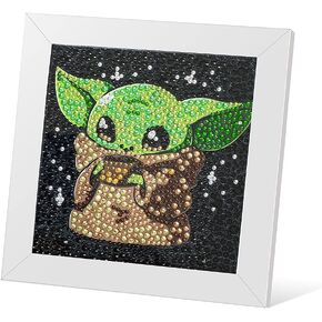 AllWenTo 5D Diamond Painting Kit for Kids with Wooden Frame Easy Small Anime Diamond Painting Full Drill Diamond Art Gem Painting for Beginners 7X7 inch (Baby Yoda)