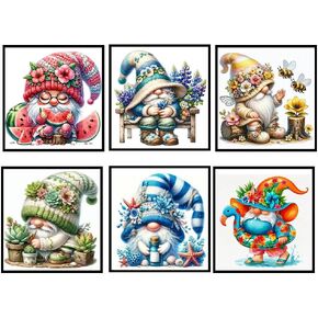 mjcakrn 6Pcs Gnomes 5D Diamond Painting Kits for Beginners, DIY Round Diamond Art Kits for Adults, Full Drill Diamond Dots Paintings Picture Gem Art for Adults Craft Home Wall Decor 14x14in