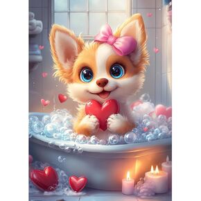 MEIYUDA Dog Diamond Painting Kits for Adults, 5D Cartoon Cute Doggy Full Drill Diamond Art, DIY Love Heart Full Diamond Art Painting Kit for Present Home Wall Decor 16x12 Inch