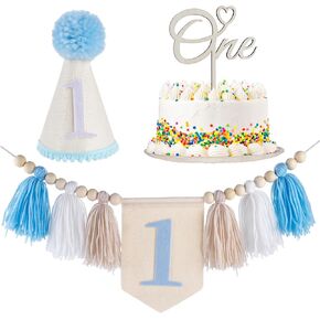 Lucky one First Birthday Decorations Banner for Boy, Cute Birthday Decorations Handmade High Chair Banner, Cake Topper Party Decor Baby Boy 1st Birthday Party Supplies