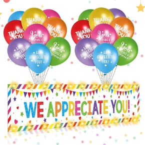 Light up We Appreciate You Banner Decorations Thank You Backdrop Banner Yard Sign with 21 Pcs Balloons Employee Staff Appreciation Gifts Teacher Party Supplies(Colorful)