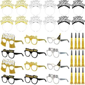 Yunsailing 36 Pieces New Years Eve Party Supplies 2025 New Years 2025 Glasses 2025 Black Silver and Gold Party Headbands for Happy New Year Gift New Year's Eve Party New Years Eve Accessories