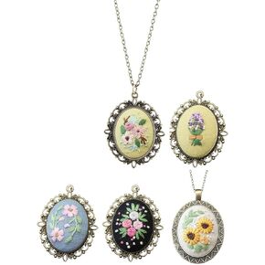 5Packs Embroidery Necklace Kit, Embroidery Pendant Kit,Flower Pattern Mini Cross Stitch Kit with Hoop, Necklace Chain, Pendant, Needle, Thread,Instructions for Adults DIY Jewelry Making Art Crafts