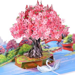 Pop Up Birthday Day Cards, 3D Cherry Blossom Tree, Swans Couple Anniversary Cards 6"x 8", Gift for Birthday, Wedding, Valentines, Mothers Day, Thank You, All Occasion for Women, Wife, Mom, Her