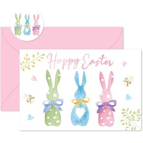 Whaline 24 Packs Happy Easter Greeting Cards Pink Bow Bunny Rabbit Blank Note Cards with Envelopes and Stickers for Spring Birthday Baby Shower, 4 x 6 Inch