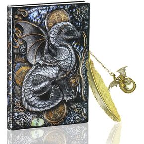 Knana 2pcs Dragon Notebook with Dragon Bookmark - Leather Embossed Dragon Notebook, Dragon Journal, DND Notebook, Dungeons and Dragons Notebook (A5)