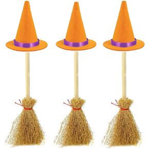 Mini Witch Hats and Mini Broom for Halloween Decorations Wizard Accessory for Party DIY Crafts Accessories (Purple)