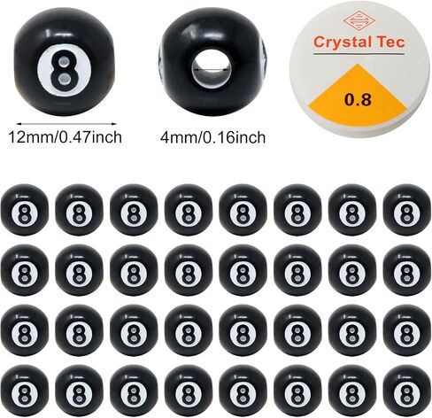 Honbay 100PCS Acrylic Billiards Beads Sports Ball Big Hole Round Spacer Loose Beads with 8.7 Yards Elastic Thread for Bracelets Necklaces Earrings Jewelry Making DIY Craft Project (Black) in Saudi Arabia