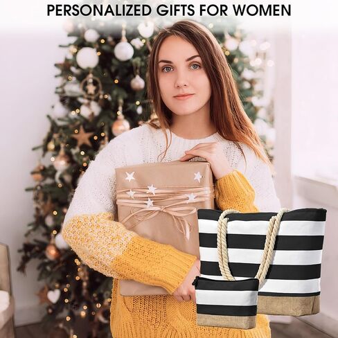 Becokan Beach Bag Personalized Gifts for Women Initial Beach Tote Bag with Makeup Bag Birthday Gift for Her Travel Essentials in Saudi Arabia