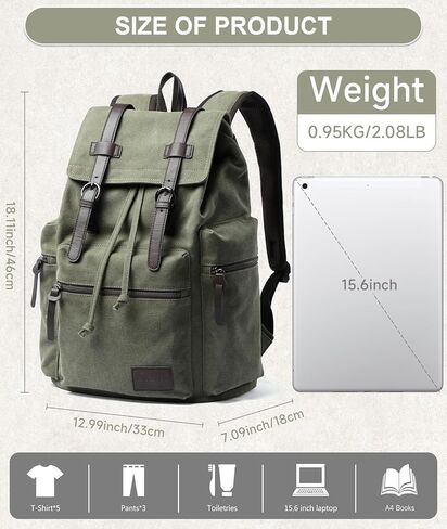 حقيبة الظهر القماشية القديمة للرجال أوليف الأخضر ، راتاكاك ، 15.6 بوصة كمبيوتر محمول كبير رفرف الرجع in Kuwait