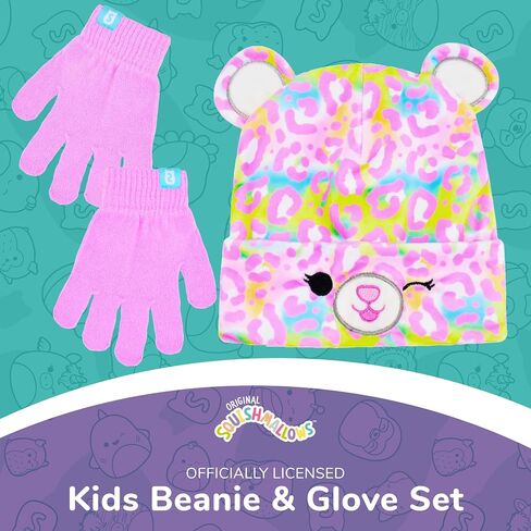 Squishmallows Lola Beanie Hat and Gloves Set, Girls Cuffed Winter Knit Cap with Horn and Matching Mittens, Pink, One Size in Saudi Arabia