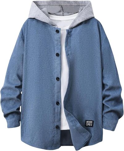 SweatyRocks Boy's Color Block Hooded Jacket Long Sleeve Drop Shoulder Button Down Outerwear Coat in Saudi Arabia
