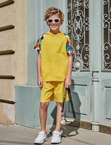 Arshiner Boys 2 Piece Summer Outfits Letter Graphic Colorblock Short Sleeve Hoodie and Short Sets whith Pockets 5-12 Years in Kuwait
