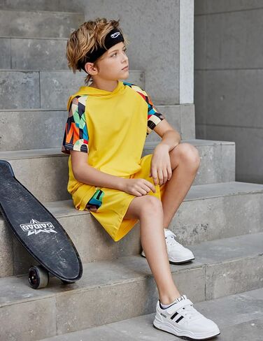 Arshiner Boys 2 Piece Summer Outfits Letter Graphic Colorblock Short Sleeve Hoodie and Short Sets whith Pockets 5-12 Years in Kuwait