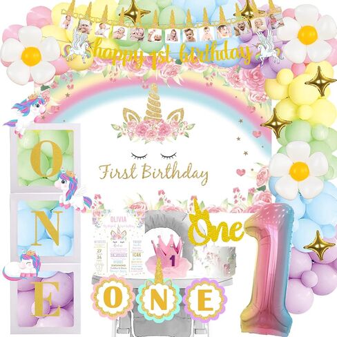 Unicorn 1st Birthday Decorations for Girls, First Birthday Decorations for Girl, Unicorn Party Decorations One Year Old Backdrop Balloon Garland Banner Box Cutout Cake Topper Crown Poster in Kuwait