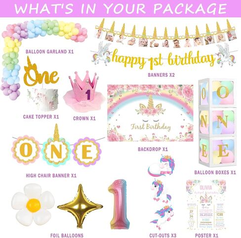 Unicorn 1st Birthday Decorations for Girls, First Birthday Decorations for Girl, Unicorn Party Decorations One Year Old Backdrop Balloon Garland Banner Box Cutout Cake Topper Crown Poster in Kuwait