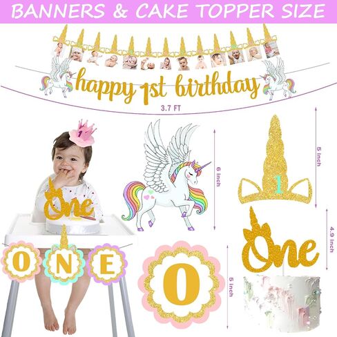 Unicorn 1st Birthday Decorations for Girls, First Birthday Decorations for Girl, Unicorn Party Decorations One Year Old Backdrop Balloon Garland Banner Box Cutout Cake Topper Crown Poster in Kuwait