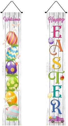 Happy Easter Bunny Porch Sign Easter Hanging Sign with Cute Bunny and Eggs Door Banner, Hello Spring and Happy Easter Porch Banner for Indoor Outdoor Wall Front Door Decor (B) in Saudi Arabia