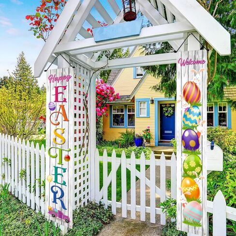 Happy Easter Bunny Porch Sign Easter Hanging Sign with Cute Bunny and Eggs Door Banner, Hello Spring and Happy Easter Porch Banner for Indoor Outdoor Wall Front Door Decor (B) in Saudi Arabia