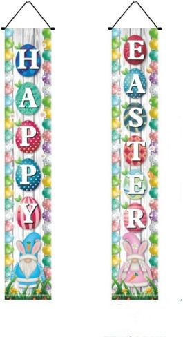 Happy Easter Bunny Porch Sign Easter Hanging Sign with Cute Bunny and Eggs Door Banner, Hello Spring and Happy Easter Porch Banner for Indoor Outdoor Wall Front Door Decor (B) in Kuwait