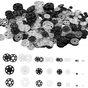 120 Pcs Plastic Snap Fasteners Buttons, Clear Snaps for Sewing Clothing Invisible Sewing on Snap Buttons Kit Round Press Button for Clothing Crafts,7mm 12mm 15mm 20mm(Black+White)