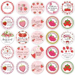 Pack 90 Pcs Strawberry Thank You Stickers for Party Favors Kids Girls Boys Students Classroom Supplies Funny Cute Aesthetic Sticker Round Waterproof Removable Vinyl Decals
