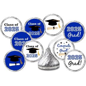 216 New Graduation Party Cap Class of 2025 Favor Kisses Stickers Labels Stickers. Grad Party Favor Decorations. Made in USA (Blue)
